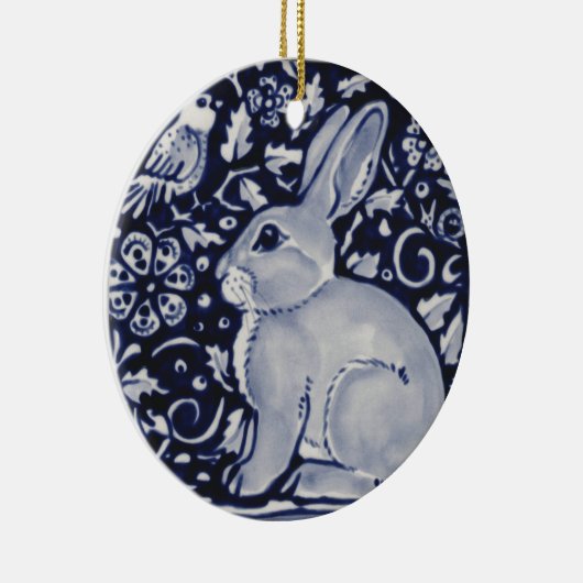 バードタイル付き青と白うさぎデザイン セラミックオーナメント (右)