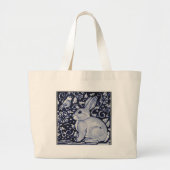 バードタイル付き青と白うさぎデザイン ラージトートバッグ (正面)