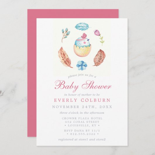 バードチックボホウォーター色ガールベビーシャワー 招待状 (正面/裏面)