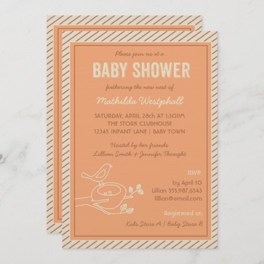 バードネストオレンジベビーシャワー招待状 招待状 (正面/裏面)