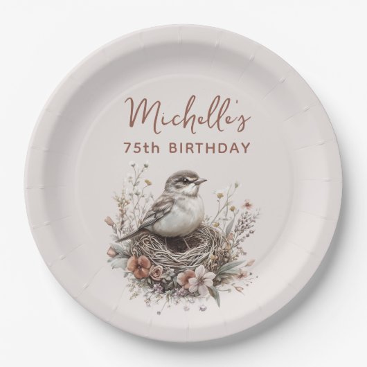 バードネストテラコッタピンク75誕生日 ペーパープレート (正面)