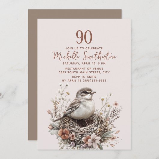 バードネストテラコッタピンク90誕生日 招待状 (正面/裏面)