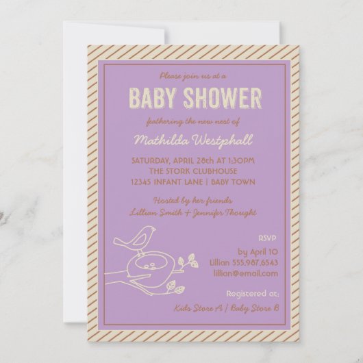 バードネストパープルベビーシャワー招待状 招待状 (正面)