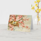 バードネストピンクフラワーブランチヴィンテージ春イースター カード (黄色い花)