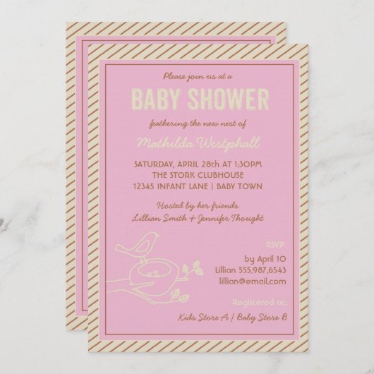 バードネストピンクベビーシャワー招待状 招待状 (正面/裏面)