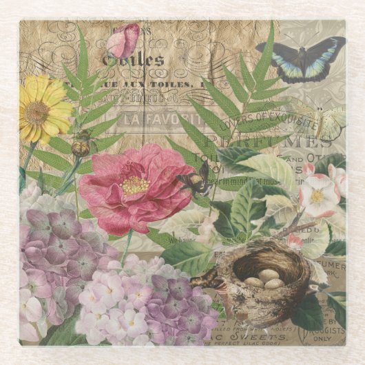 バードネストフローラガーデンフラワーバタフライアート ガラスコースター (正面)