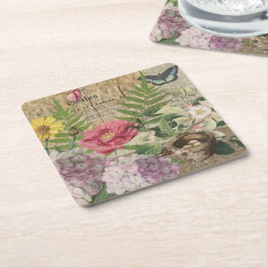 バードネストフローラガーデンフラワーバタフライアート スクエアペーパーコースター (アングル)