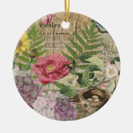 バードネストフローラガーデンフラワーバタフライアート セラミックオーナメント (正面)