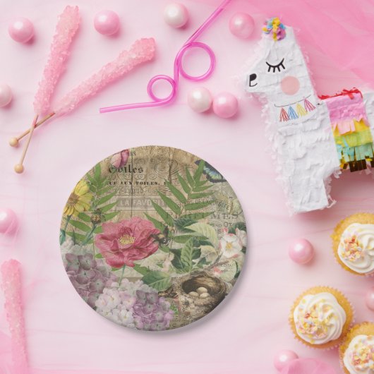 バードネストフローラガーデンフラワーバタフライアート ペーパープレート (パーティー)