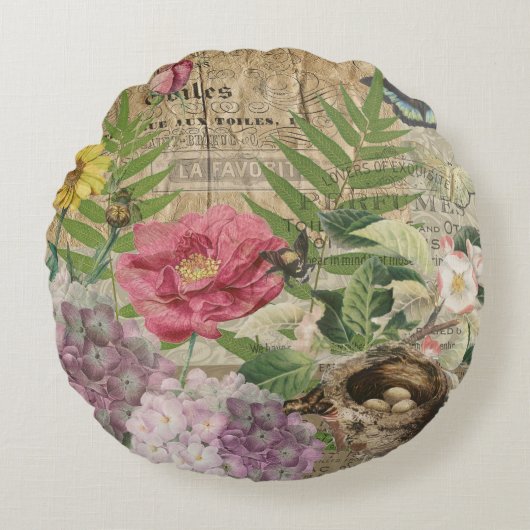 バードネストフローラガーデンフラワーバタフライアート ラウンドクッション (正面)