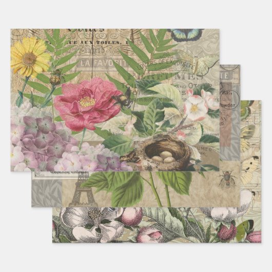 バードネストフローラガーデンフラワーバタフライアート ラッピングペーパーシート (セット)