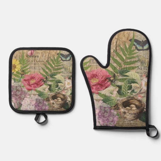 バードネストフローラガーデンフラワーバタフライアート 鍋つかみ&鍋敷きセット (正面)