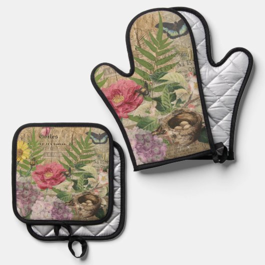 バードネストフローラガーデンフラワーバタフライアート 鍋つかみ&鍋敷きセット (正面/裏面)
