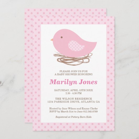 バードネストベビーガールシャワー招待状 招待状 (正面/裏面)