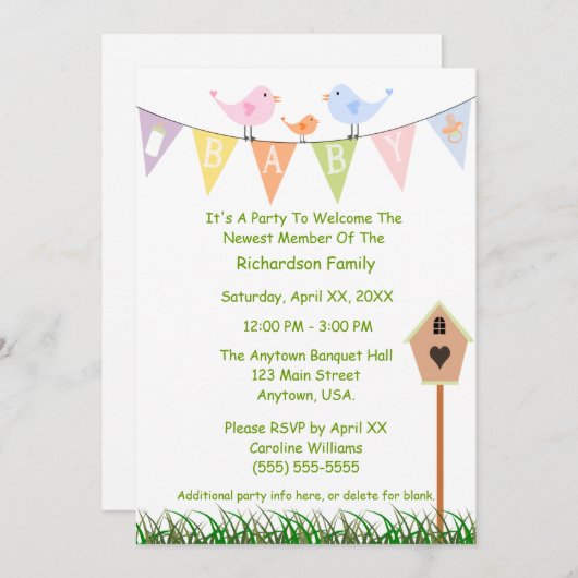 バードハウスと鳥がベビーのバナーの赤ちゃんシャワー 招待状 (正面/裏面)