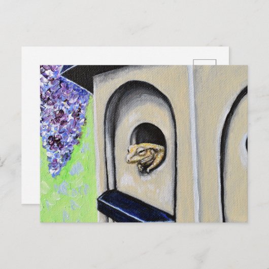 バードハウスのハガキ絵画に乗ったカエル ポストカード (正面/裏面)
