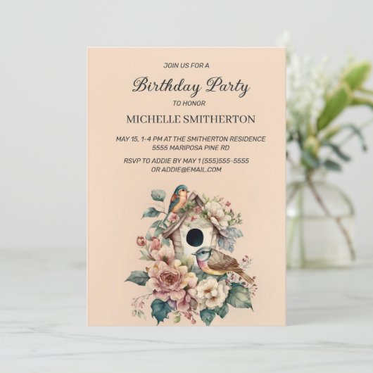 バードハウスエレガントフラワーズウィメンズバースデーパーティー 招待状 (スタンド正面)