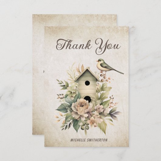 バードハウスフローラ素朴ヴィンテージ誕生日サンキュー サンキューカード (正面/裏面)