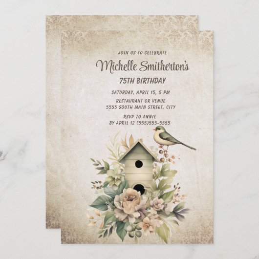 バードハウスボタニカル自然75th誕生日 招待状 (正面/裏面)