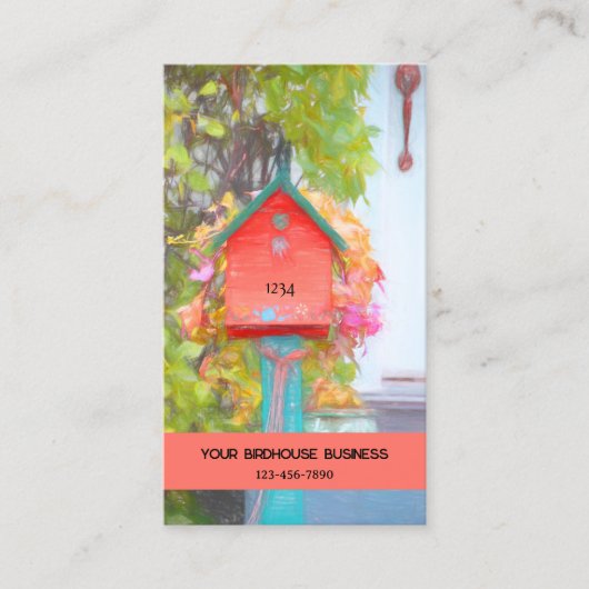 バードハウス素朴レッドグリーンティール(緑がかった色)ファインアートカントリー 名刺 (正面)