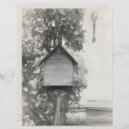 バードハウス素朴ヴィンテージ白黒スケッチ (正面/裏面)