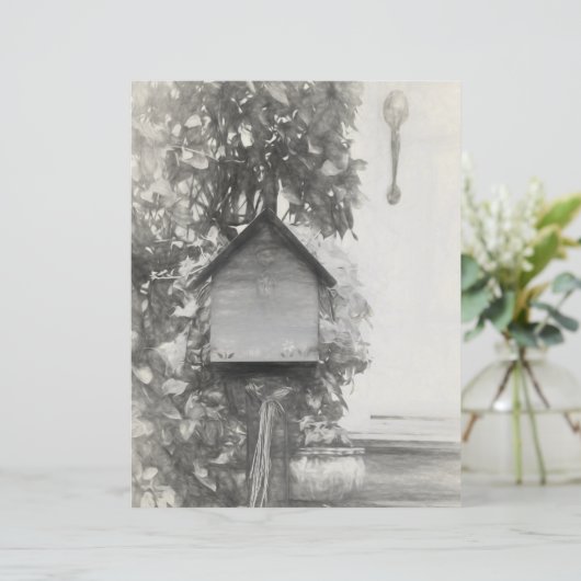 バードハウス素朴ヴィンテージ白黒スケッチ (スタンド正面)