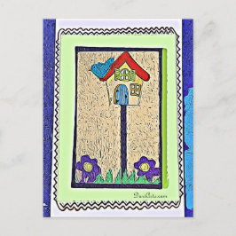 バードハウス、鳥と花の漫画はがき ポストカード