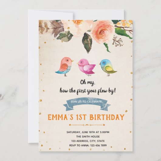 バードバースデーベビーシャワーの招待状 招待状 (正面)