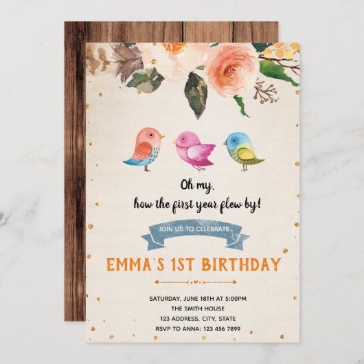 バードバースデーベビーシャワーの招待状 招待状 (正面/裏面)