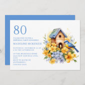 バードバードハウスブルーイエローフラワーズ80誕生日 招待状 (正面/裏面)