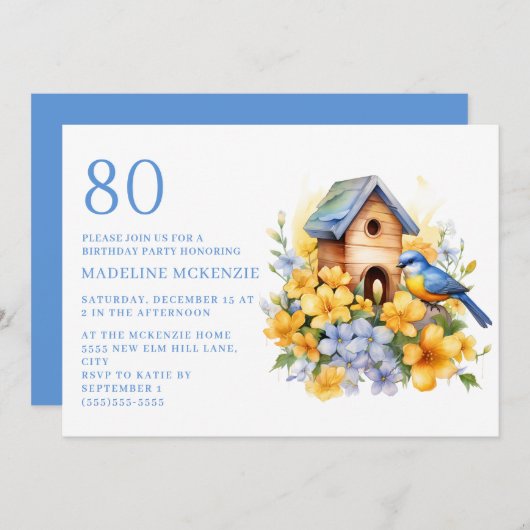 バードバードハウスブルーイエローフラワーズ80誕生日 招待状 (正面/裏面)