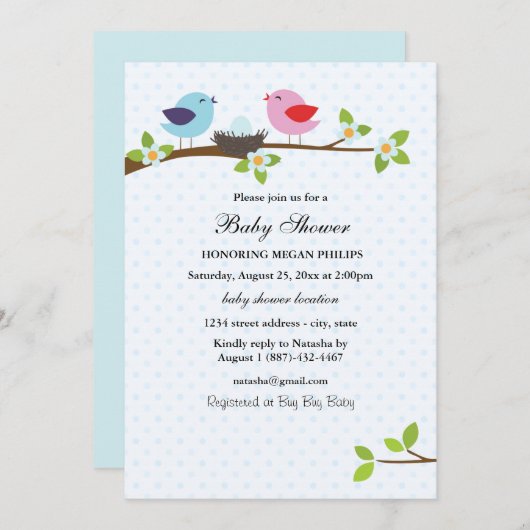 バードファミリーブルーベビーシャワー招待状 招待状 (正面/裏面)
