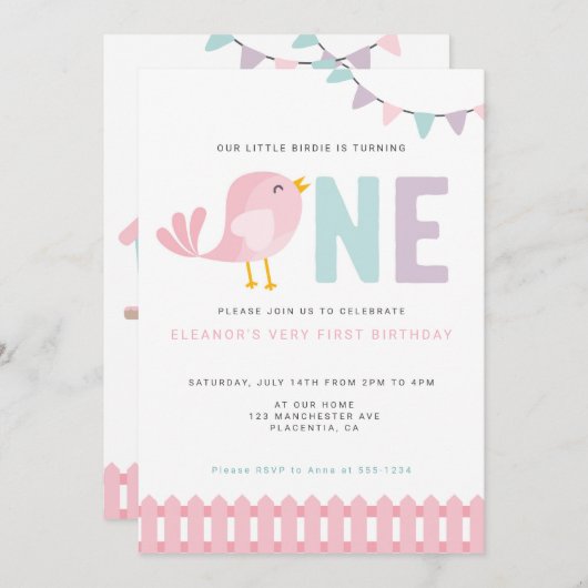 バードファースト誕生日ガール招待状リトルバーディ 招待状 (正面/裏面)
