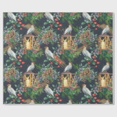 バードフィンチ、クリスマスグリーン、赤いベリー、キャンドル ラッピングペーパー (フラット)