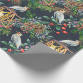 バードフィンチ、クリスマスグリーン、赤いベリー、キャンドル ラッピングペーパー (角)