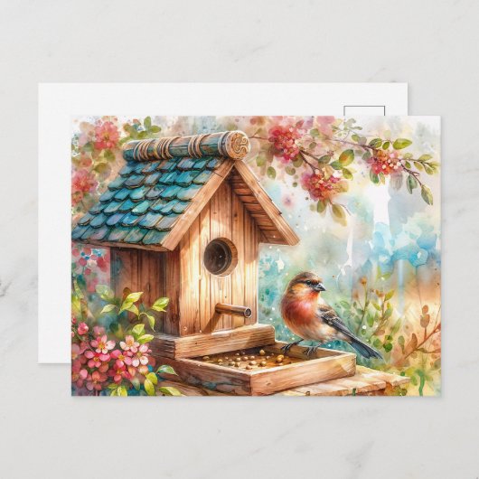 バードフィーダー水彩フローラアート ポストカード (正面/裏面)