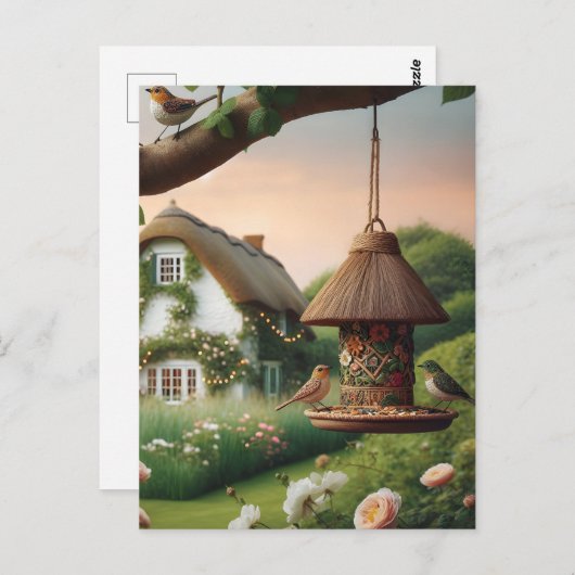 バードフィーダー&バードコテージコア自然シーン ポストカード (正面/裏面)