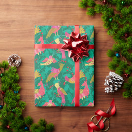 バードフォークアートパターン入りクリスマス ラッピングペーパー