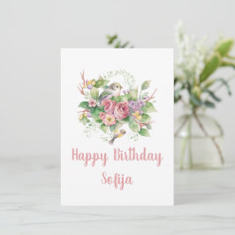 バードフラワーグリーンバラ水彩カード