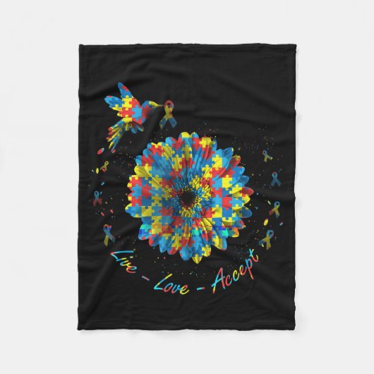 バードフラワーリボンパズルライブラブアレジットオティズム フリースブランケット (正面)