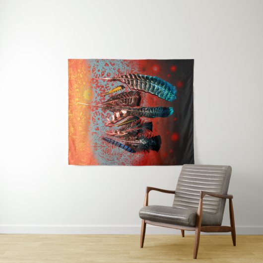 バードフ鮮やかェザーズオレンジターコイズサウスウエスト タペストリー (インサイチュ(横))