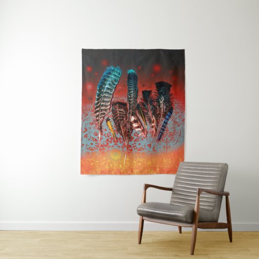 バードフ鮮やかェザーズオレンジターコイズサウスウエスト タペストリー (インサイチュ)