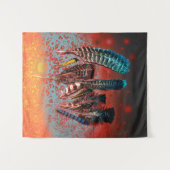 バードフ鮮やかェザーズオレンジターコイズサウスウエスト タペストリー (正面(横))