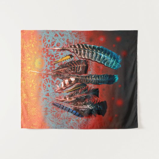 バードフ鮮やかェザーズオレンジターコイズサウスウエスト タペストリー (正面(横))