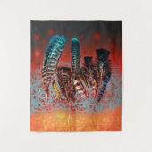 バードフ鮮やかェザーズオレンジターコイズサウスウエスト タペストリー (正面)