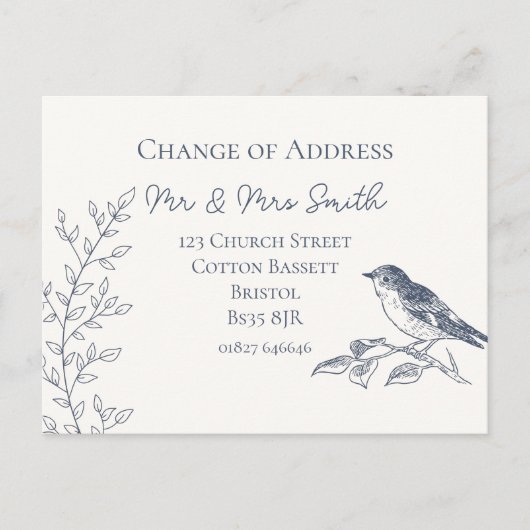 バードブルーエレガントとクリームのアドレスの変更 案内ポストカード (正面)