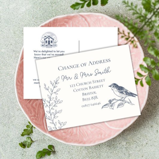 バードブルーエレガントとクリームのアドレスの変更 案内ポストカード