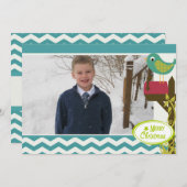 バードブルーシェブロンストライプホリデーフォトカード シーズンカード (正面/裏面)