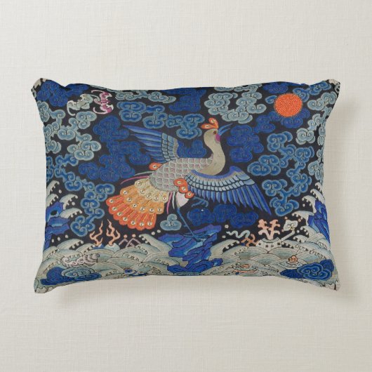 バードブルー中国の刺繍ヴィンテージ アクセントクッション (正面)