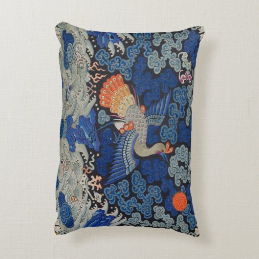 バードブルー中国の刺繍ヴィンテージ アクセントクッション (裏面(縦))